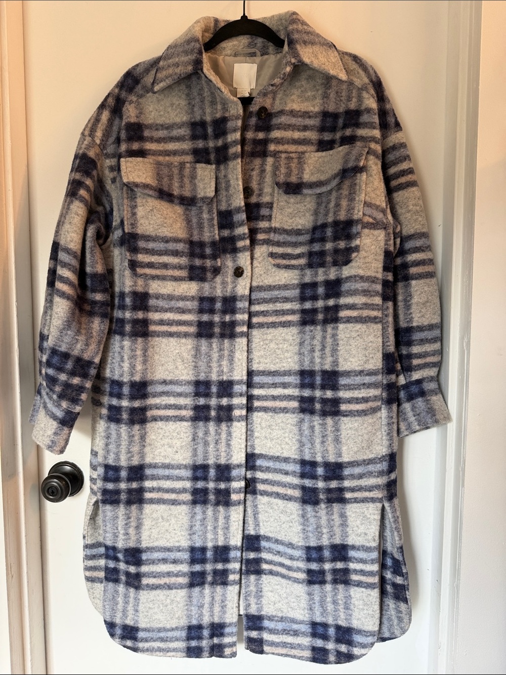 H&M Wool Blend Plaid Lined Oversize Long Jacket Shacket Womens Sz XS Button Up